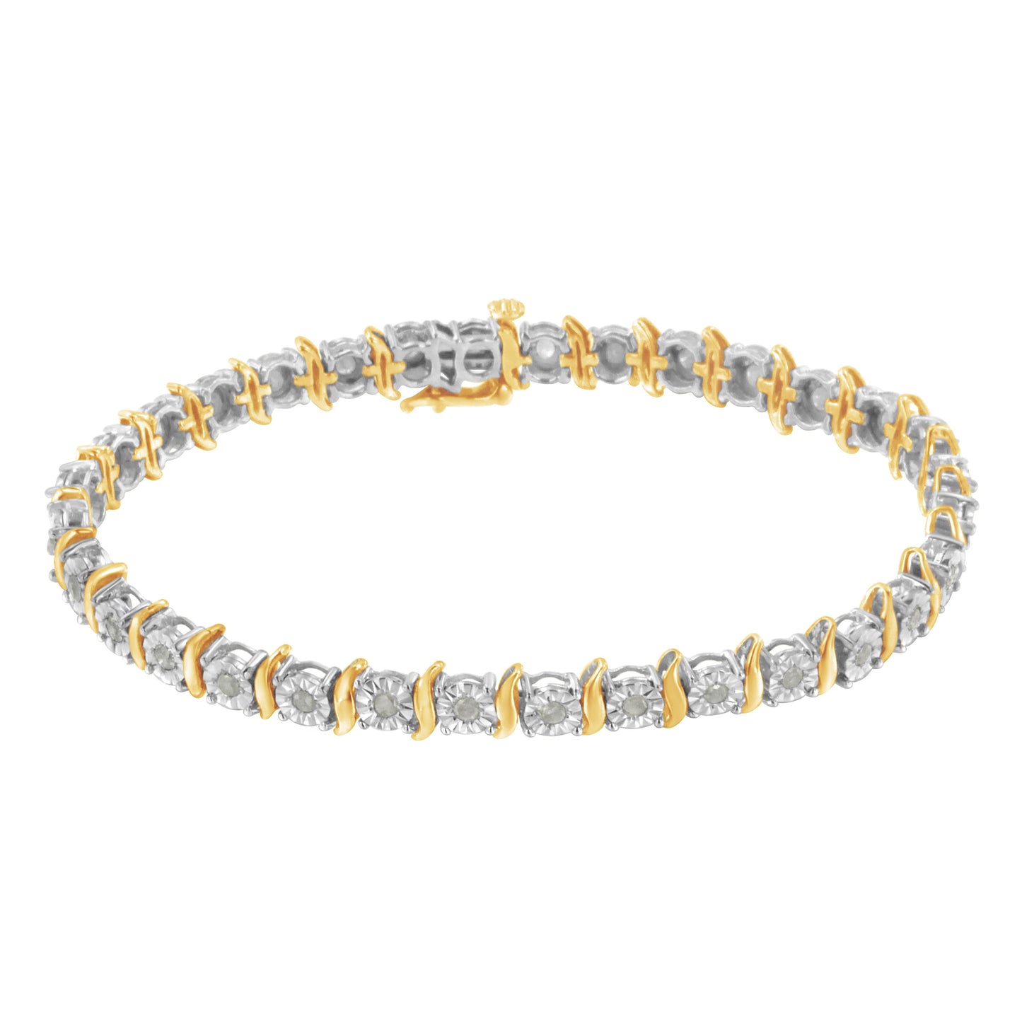 Two-Tone 10K Yellow Gold over .925 Sterling Silver 1.0 Cttw Diamond S-Curve Link Miracle-Set Tennis Bracelet (I-J Color, I3 Clarity) - 7"