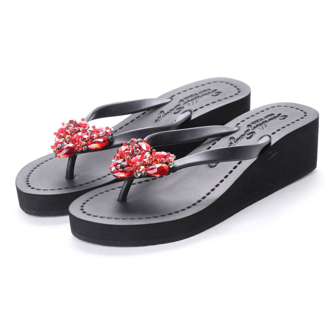 Red Heart - Rhinestone Mid Wedge Flip Flops