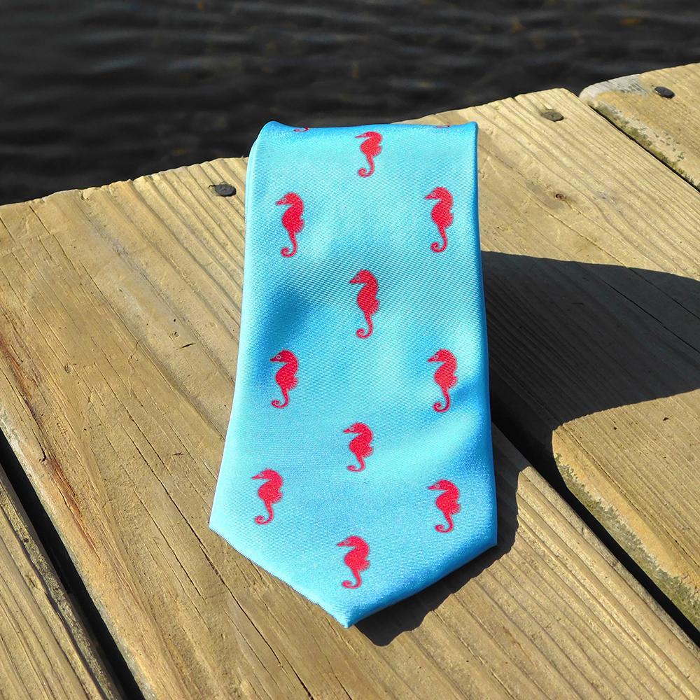 Seahorse Necktie - Blue, Printed Silk