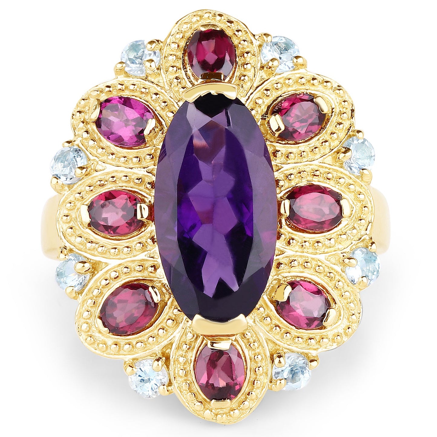 14K Yellow Gold Plated 6.80 Carat Genuine Amethyst, Rhodolite & Blue Topaz .925 Sterling Silver Ring