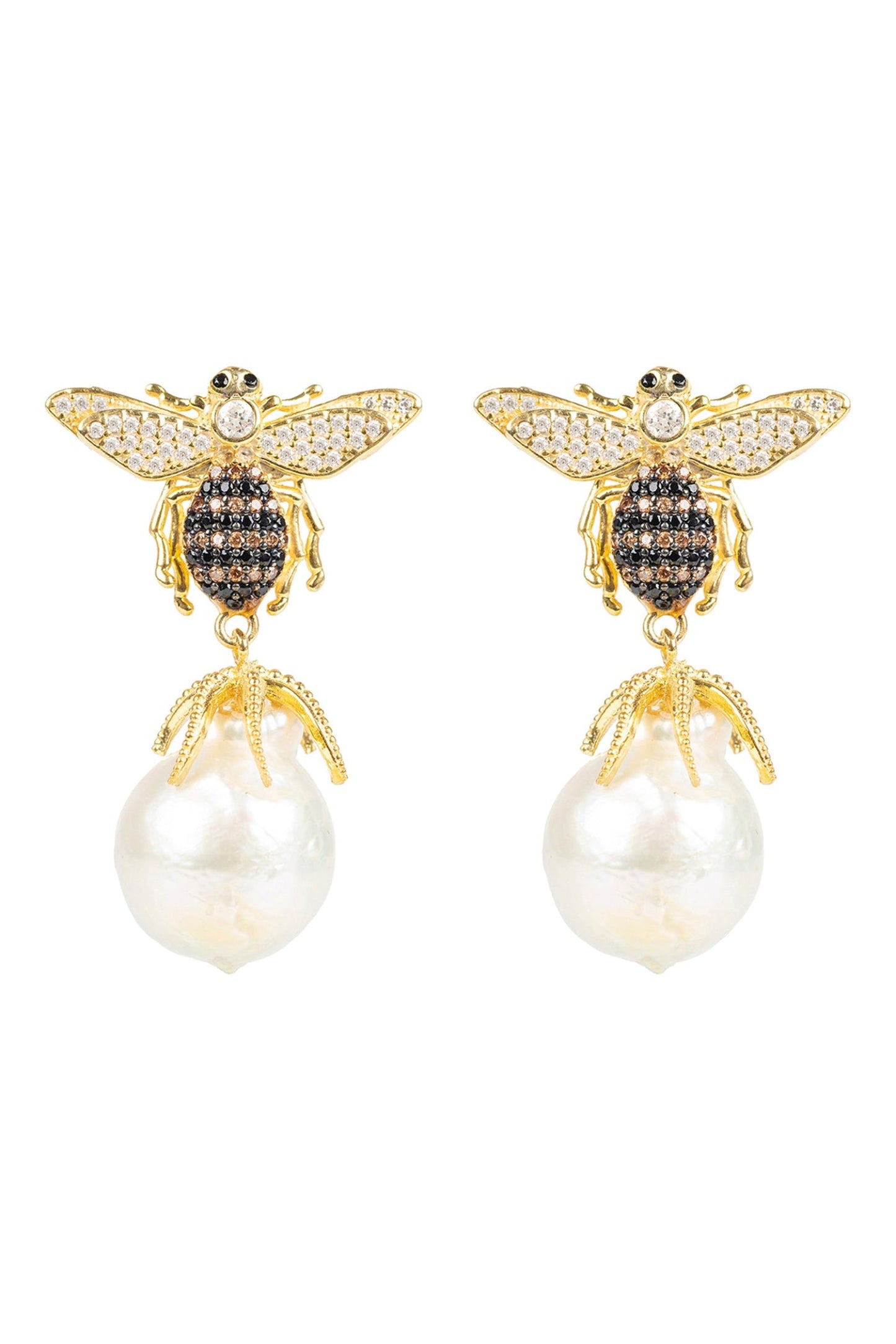 Baroque Pearl Honey Bee Drop Earrings Gold