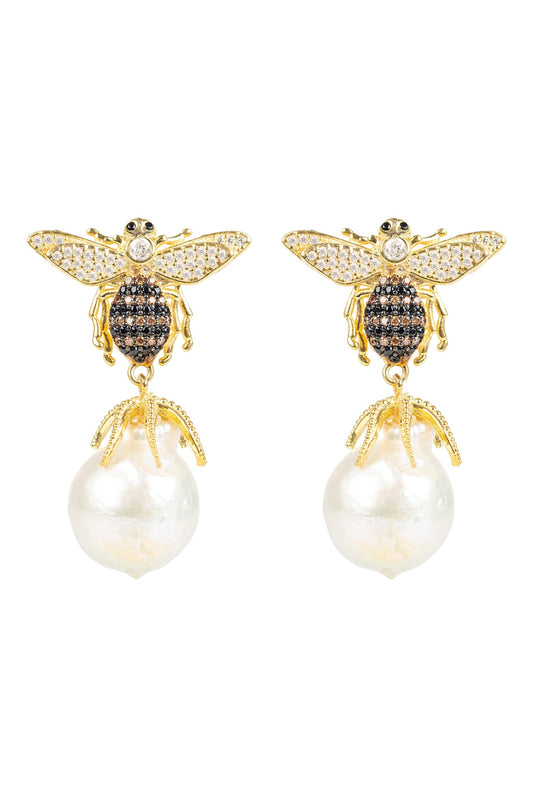 Baroque Pearl Honey Bee Drop Earrings Gold