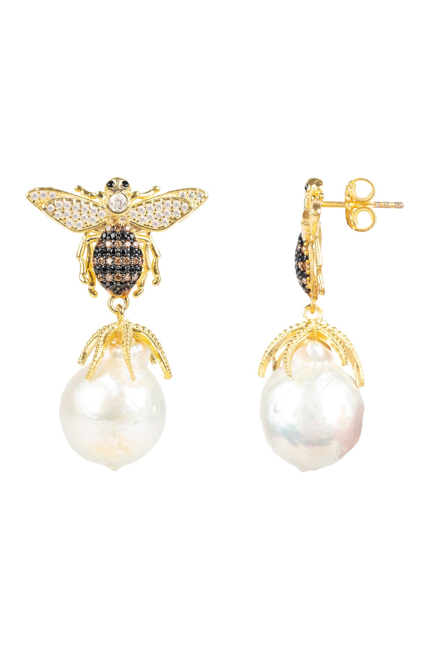 Baroque Pearl Honey Bee Drop Earrings Gold