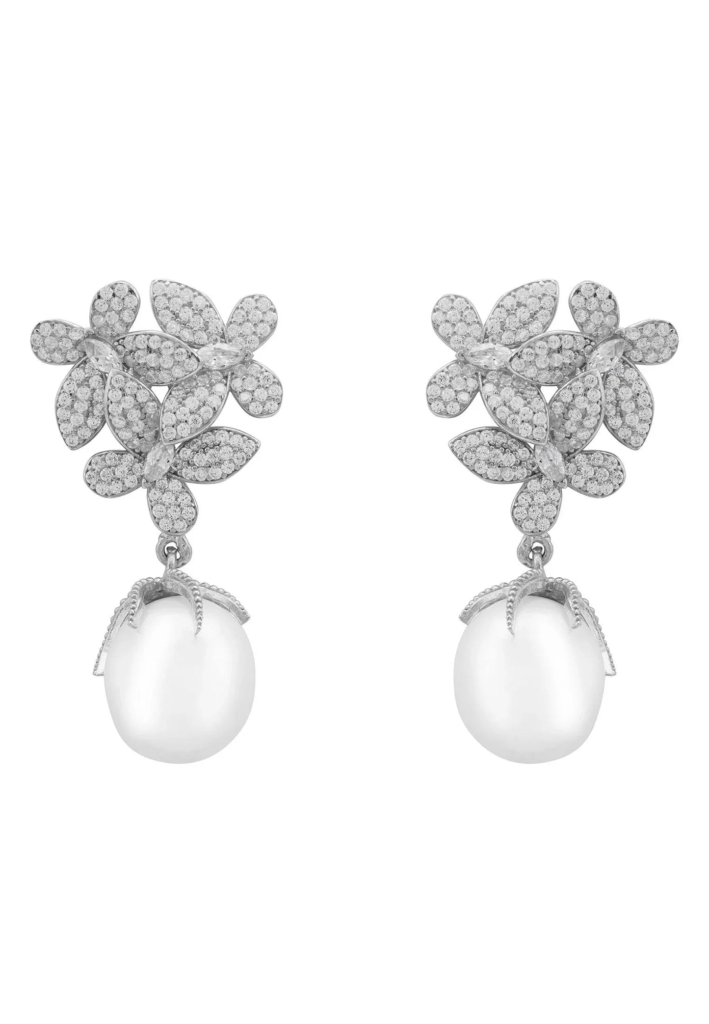 Flowers Pearl Earrings Silver White