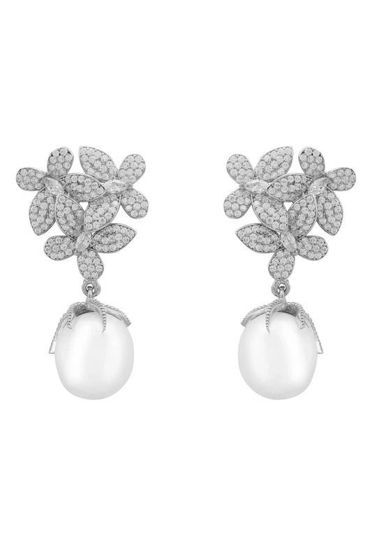 Flowers Pearl Earrings Silver White