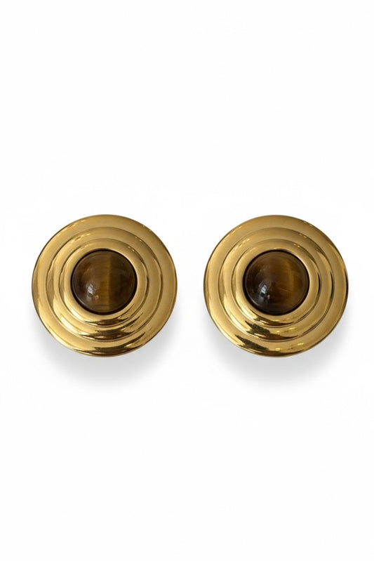 Como Large Round Stud Earrings Tigers Eye Gold