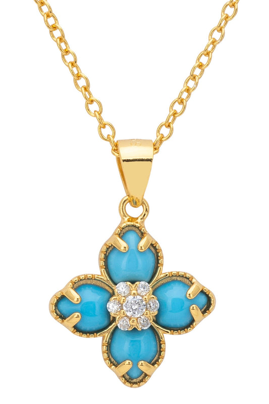 Flower Clover Turquoise Pendant Necklace Gold