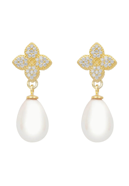 Clover Flower Pearl Drop Cz Earrings Gold