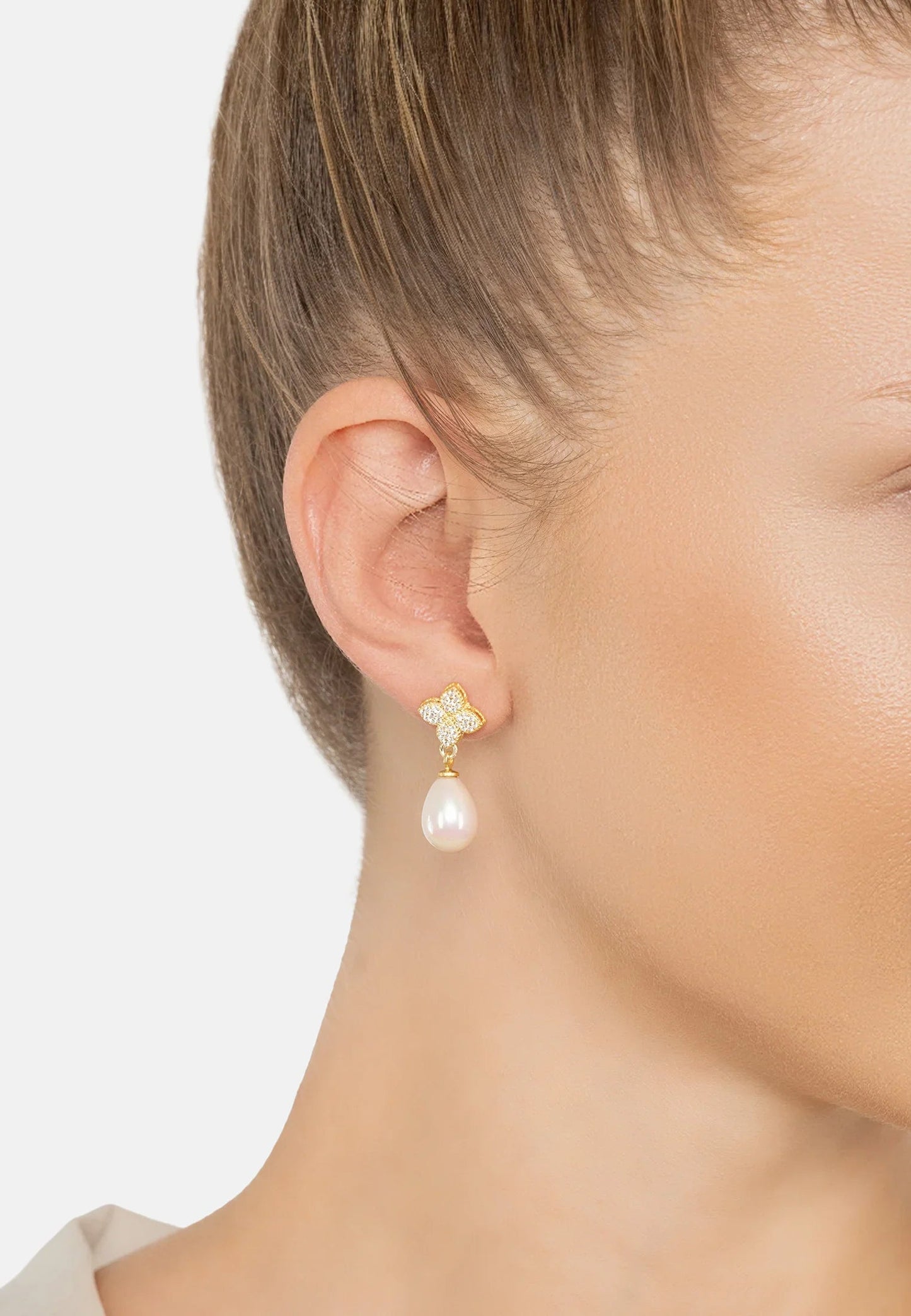 Clover Flower Pearl Drop Cz Earrings Gold