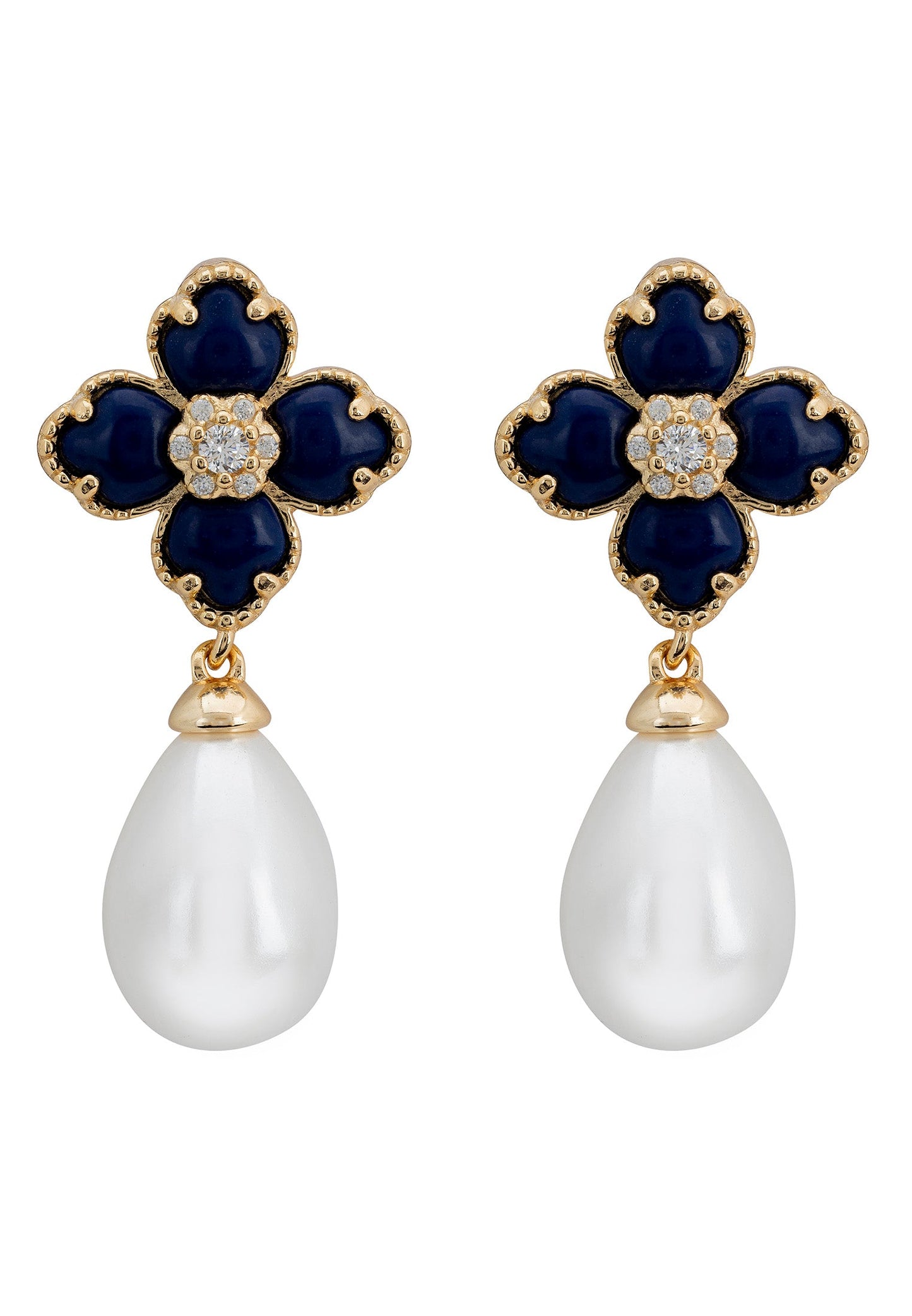 Flower Clover Pearl Drop Earrings Lapis Lazuli Gold