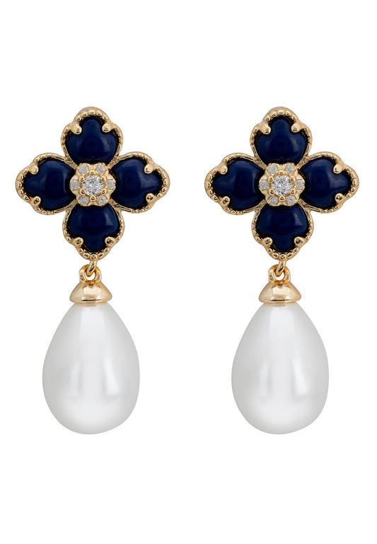 Flower Clover Pearl Drop Earrings Lapis Lazuli Gold
