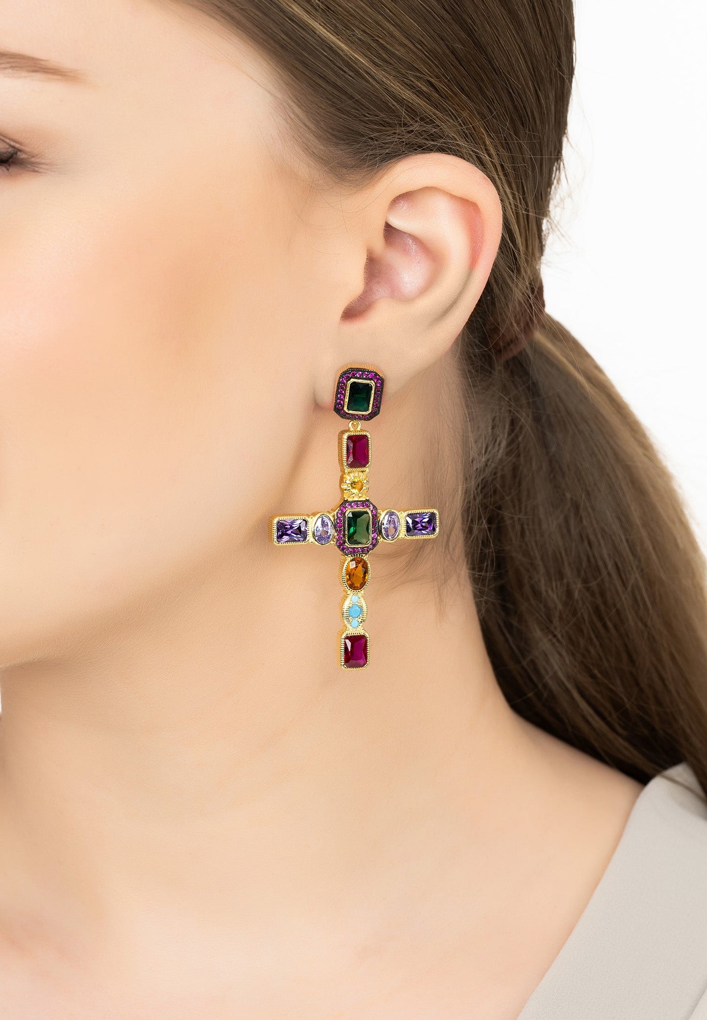 Santa Maria Extra Large Gemstone Cross Earrings Gold