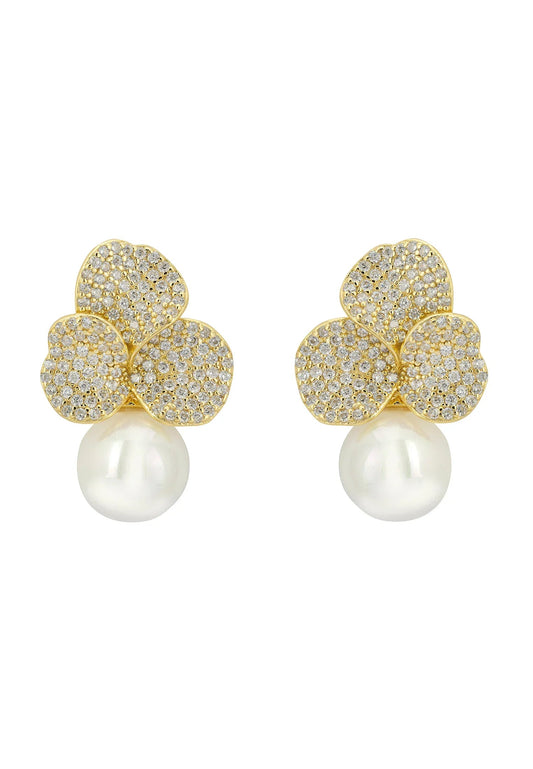 Iris Flower and Pearl Dangle Earrings Gold