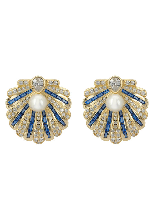 Art Deco Scallop Shell Earrings Sapphire Blue With Pearl Gold