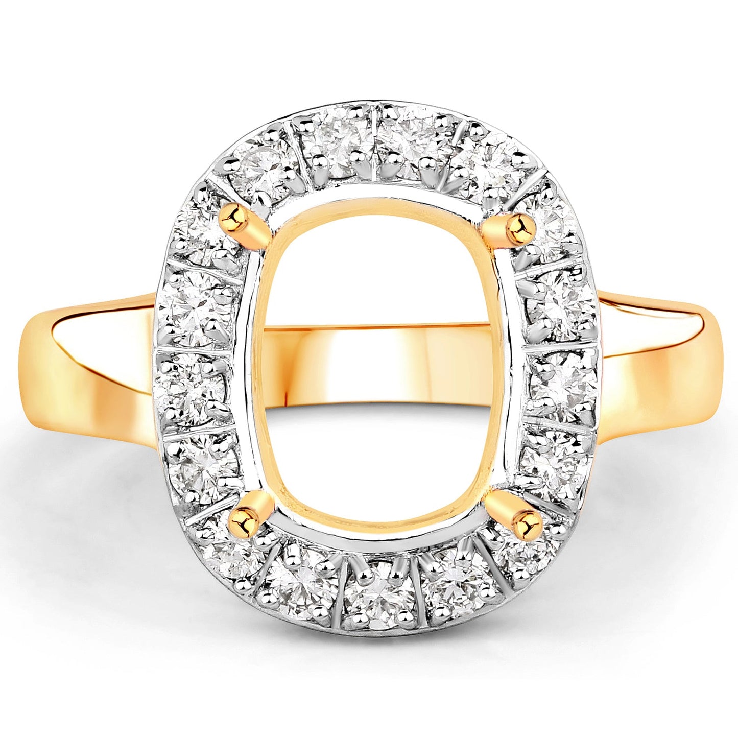 0.51 Carat Genuine White Diamond 14K Yellow Gold Semi Mount Ring - holds 10x8mm Cushion Gemstone