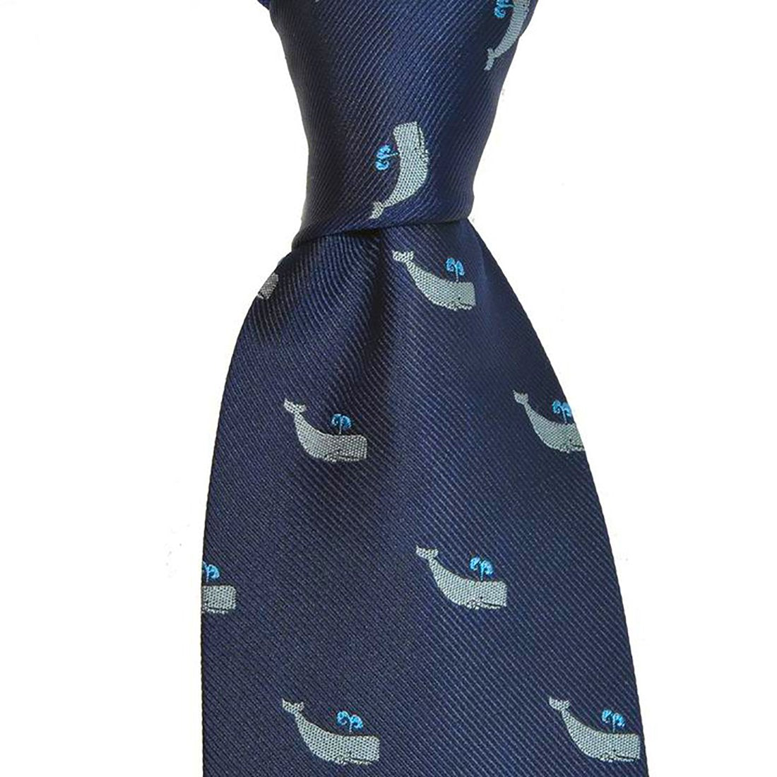 Sperm Whale Necktie - Grey on Navy, Woven Silk - Spread