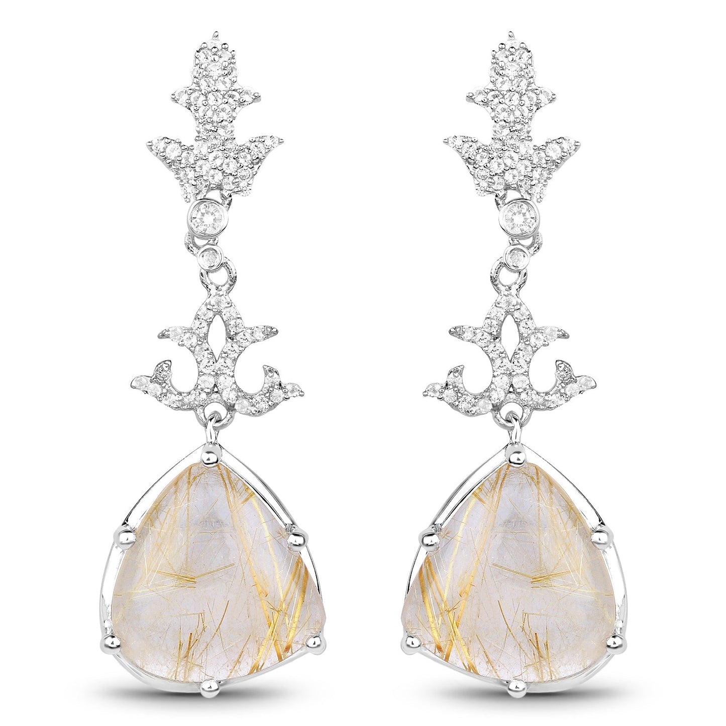 15.97 Carat Genuine Golden Rutile And White Topaz .925 Sterling Silver Earrings