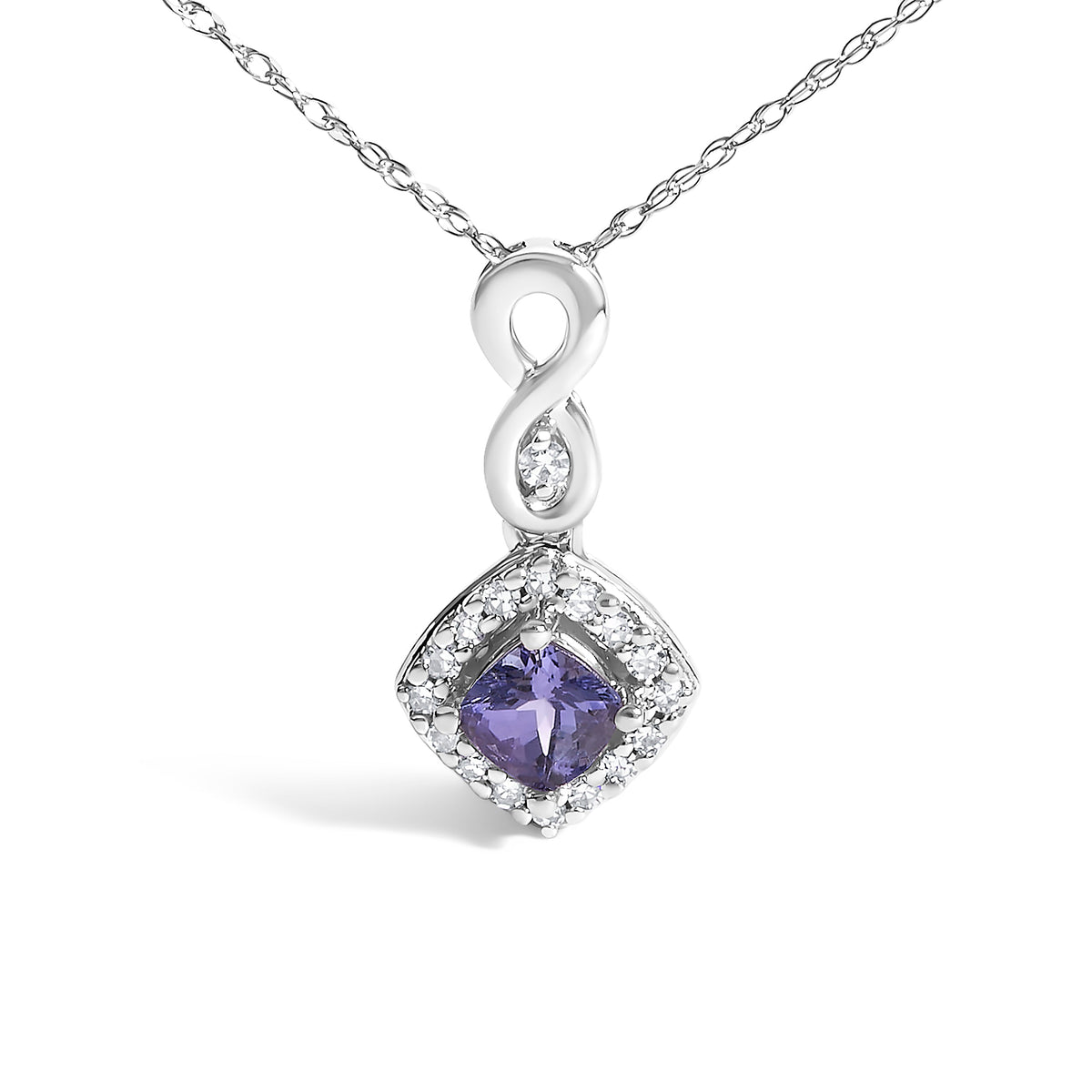 10K White Gold Blue Purple Tanzanite and Diamond Accent Cushion Drop Pendant Necklace - 18" Inches