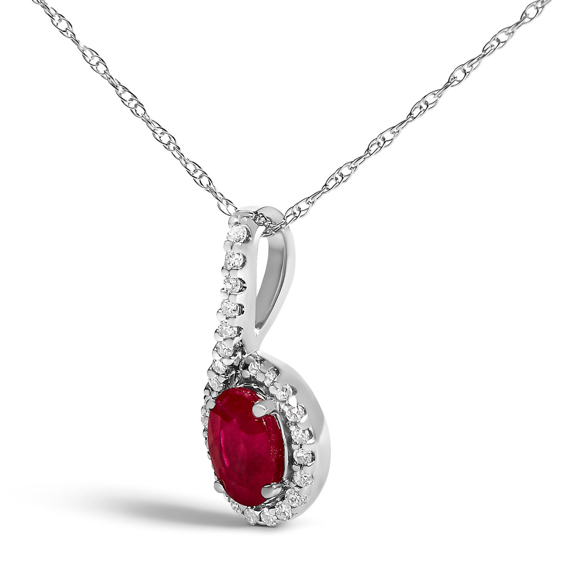 10K White Gold Red Ruby and Diamond Accent Teardrop Pendant Necklace - 18" Inches