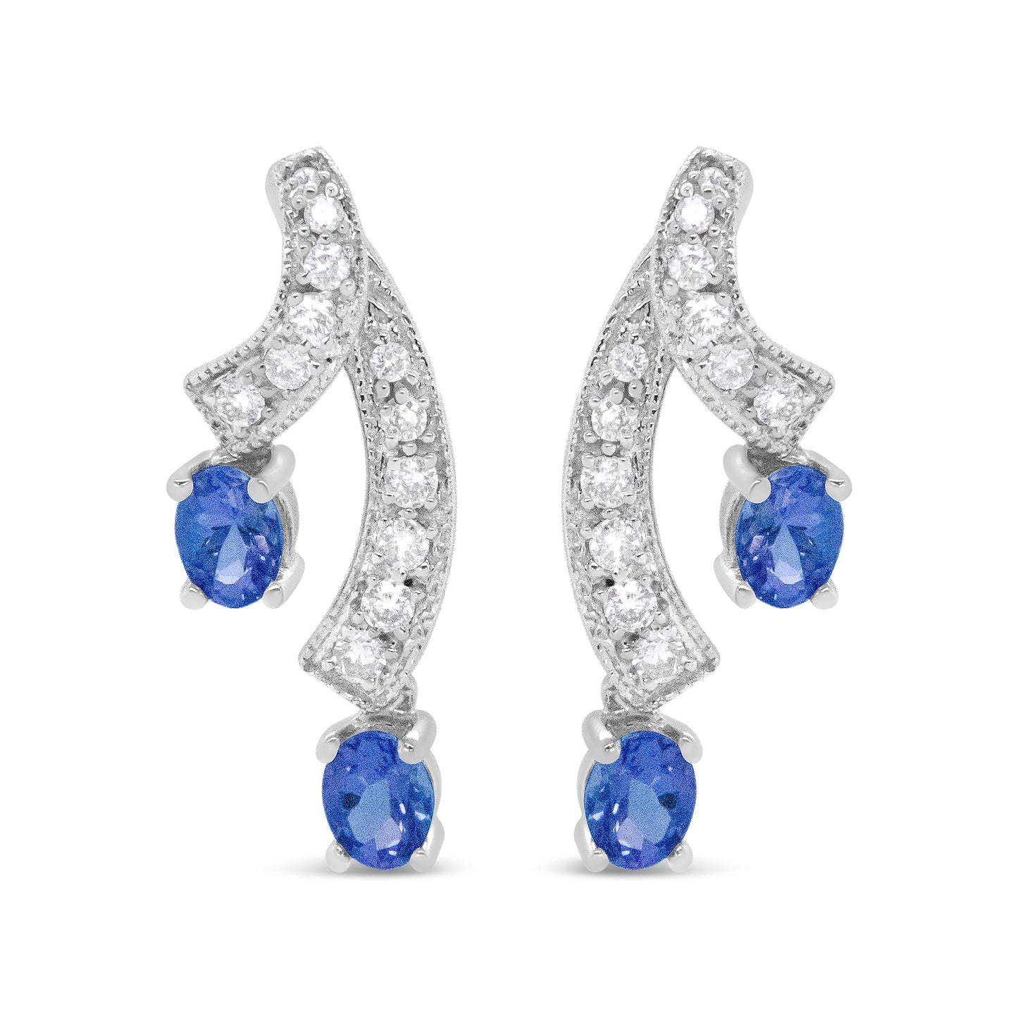 14K White Gold 4x3MM Oval Shaped Natural Blue Tanzanite Gemstone and 1/5 Cttw Diamond Double 3/4" Inch Drop Stud Earrings (H-I Color, VS1-VS2 Clarity)