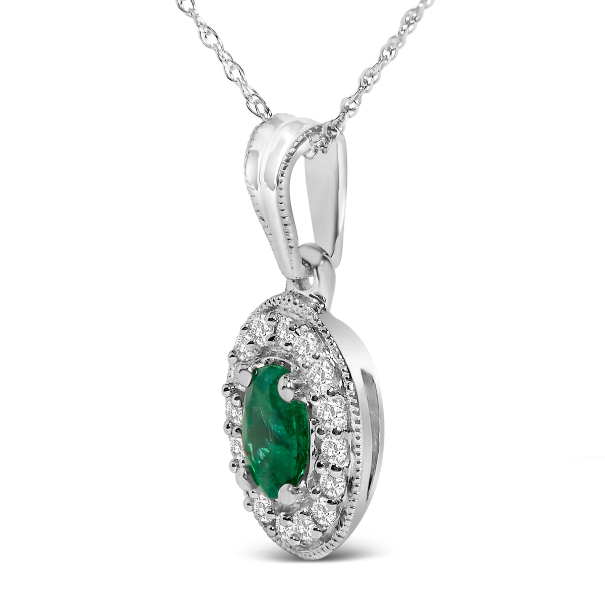 14K White Gold Oval 6x4 MM Green Emerald and Diamond Halo Pendant Necklace - 18 inch
