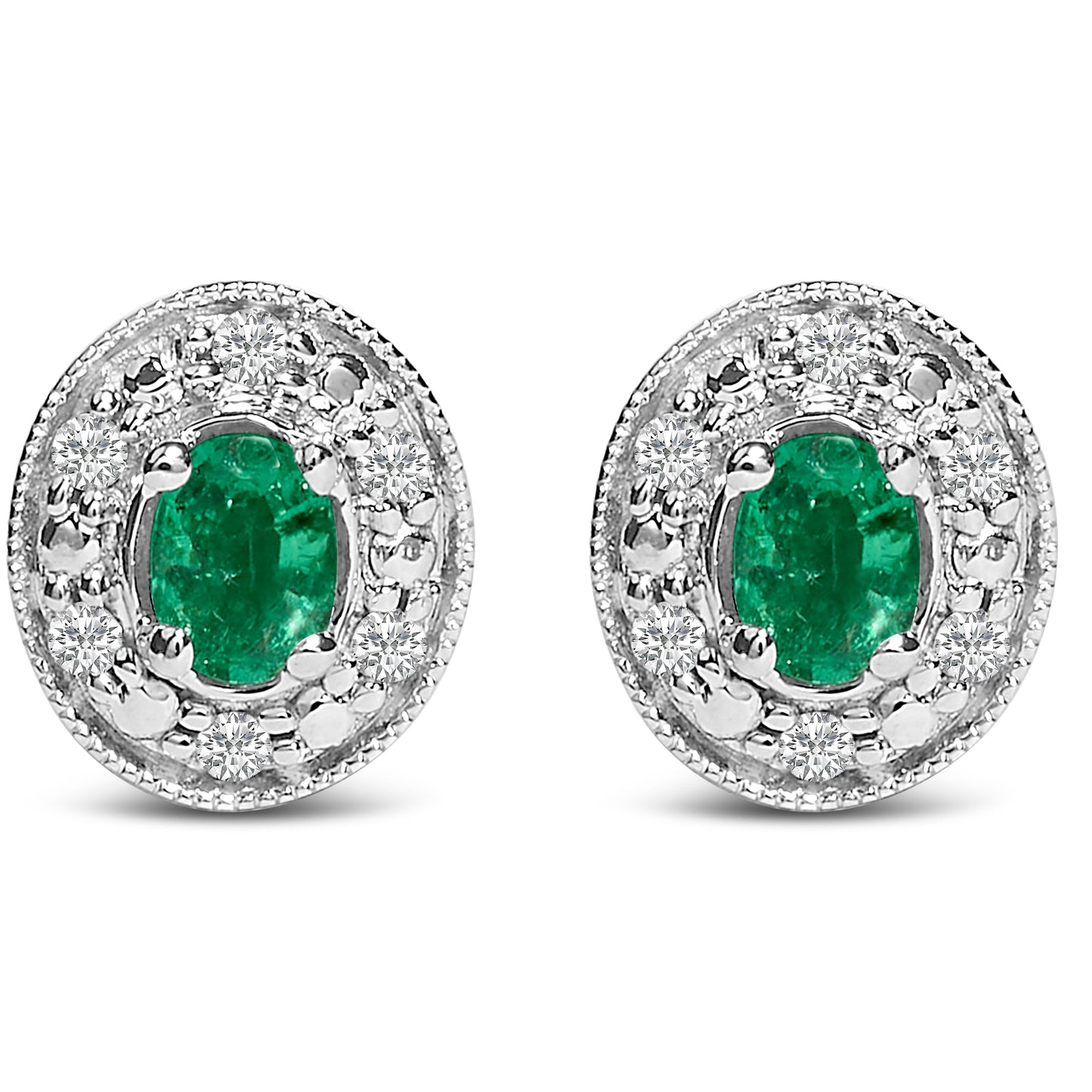14K White Gold Oval Green Emerald and 1/10 Cttw Diamond Halo Stud Earrings  (I-J Color, I1-I2 Clarity)
