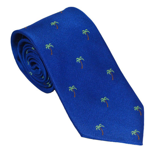 Palm Tree Necktie - Blue, Woven Silk