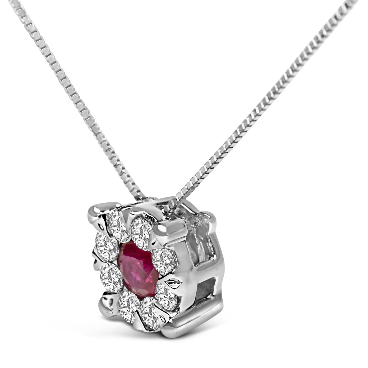 14K White Gold Red Ruby and 1/3 Cttw Diamond Halo Pendant Necklace