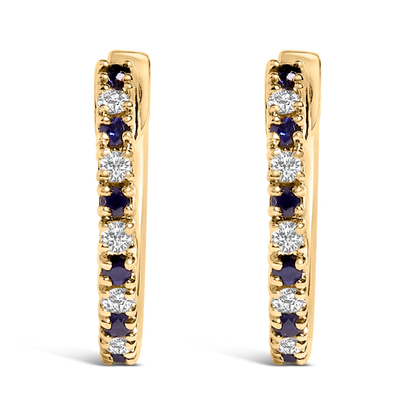 10K Yellow Gold Alternating Blue Sapphire 1/10 Cttw Diamond Huggy Hoop Earrings  (I-J Color, I1-I2 Clarity)