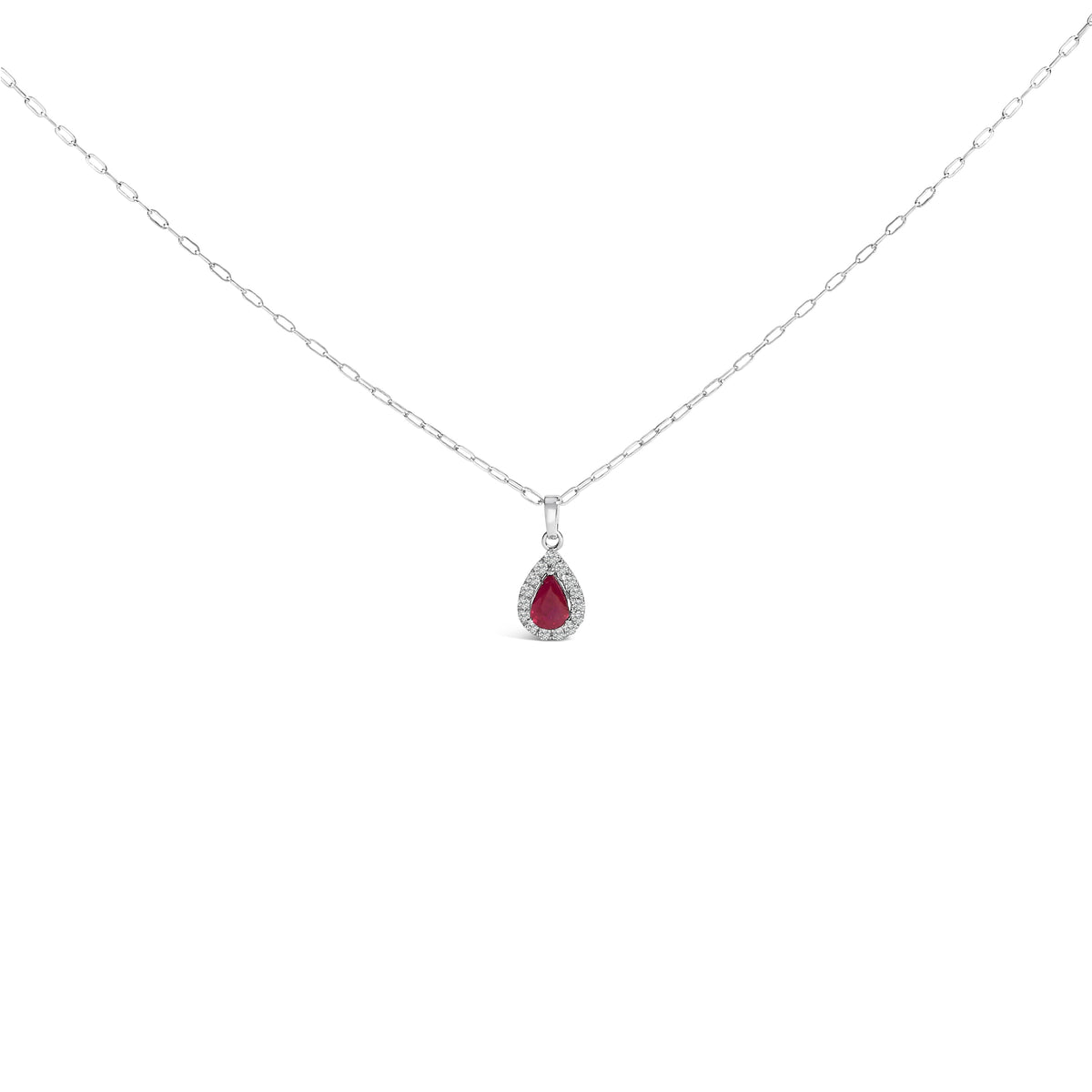 14K White Gold 6x4 Pear Red Ruby and Diamond Halo Pendant Necklace - 18" Inches