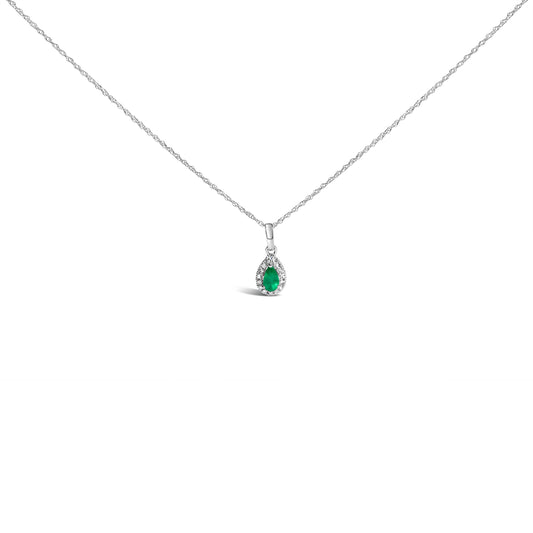 10K White Gold 5x3mm Green Emerald and Diamond Accent Halo Pear Shape 18" Pendant Necklace (I-J Color, I1-I2 Clarity)