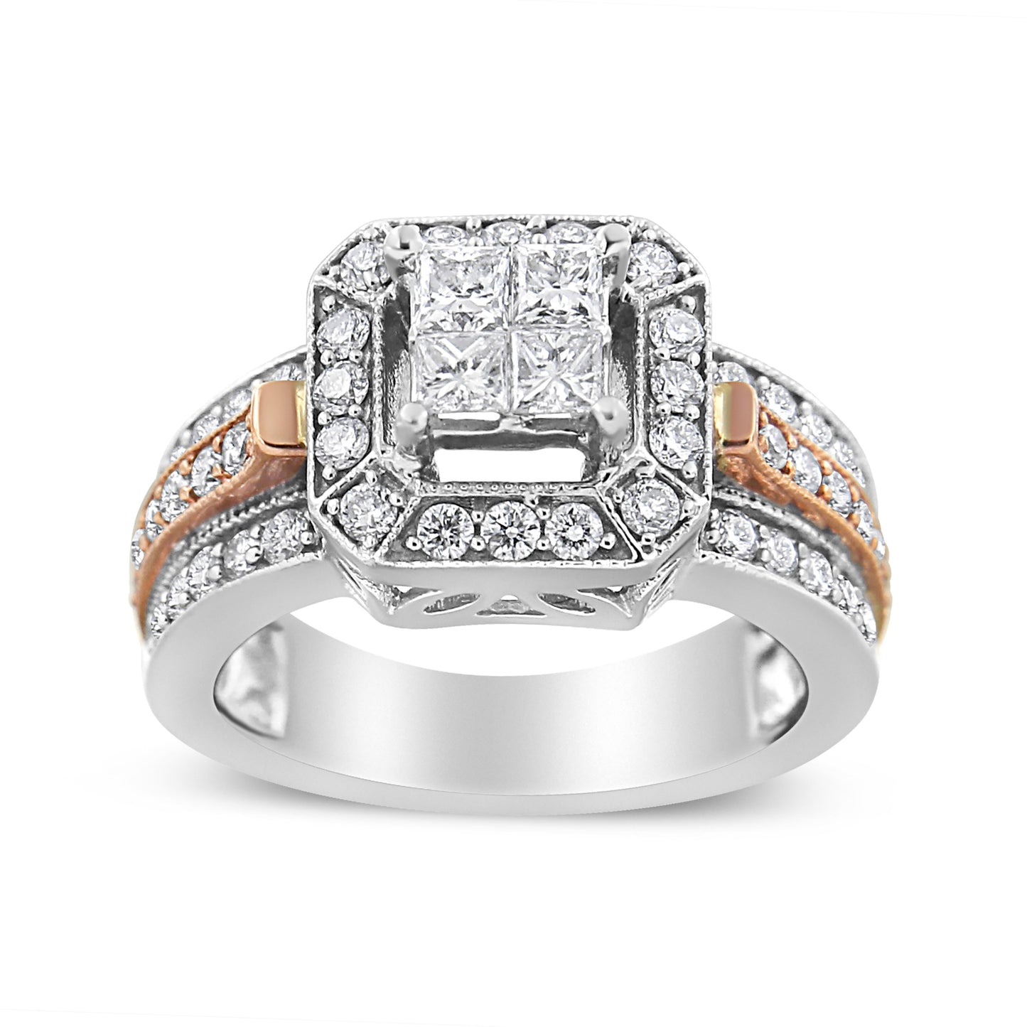 14K White and Rose Gold 1 1/8 Cttw Princess and Round-Cut Diamond Art Deco Style Triple Shank Halo Cocktail Ring (I-J Color, SI2-I1 Clarity) - Size 7