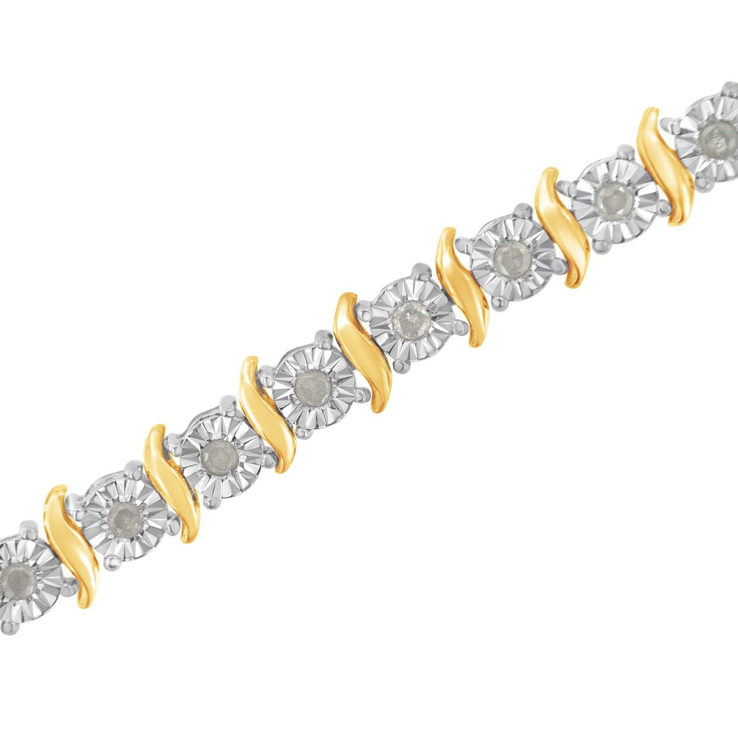 Two-Tone 10K Yellow Gold over .925 Sterling Silver 1.0 Cttw Diamond S-Curve Link Miracle-Set Tennis Bracelet (I-J Color, I3 Clarity) - 7"
