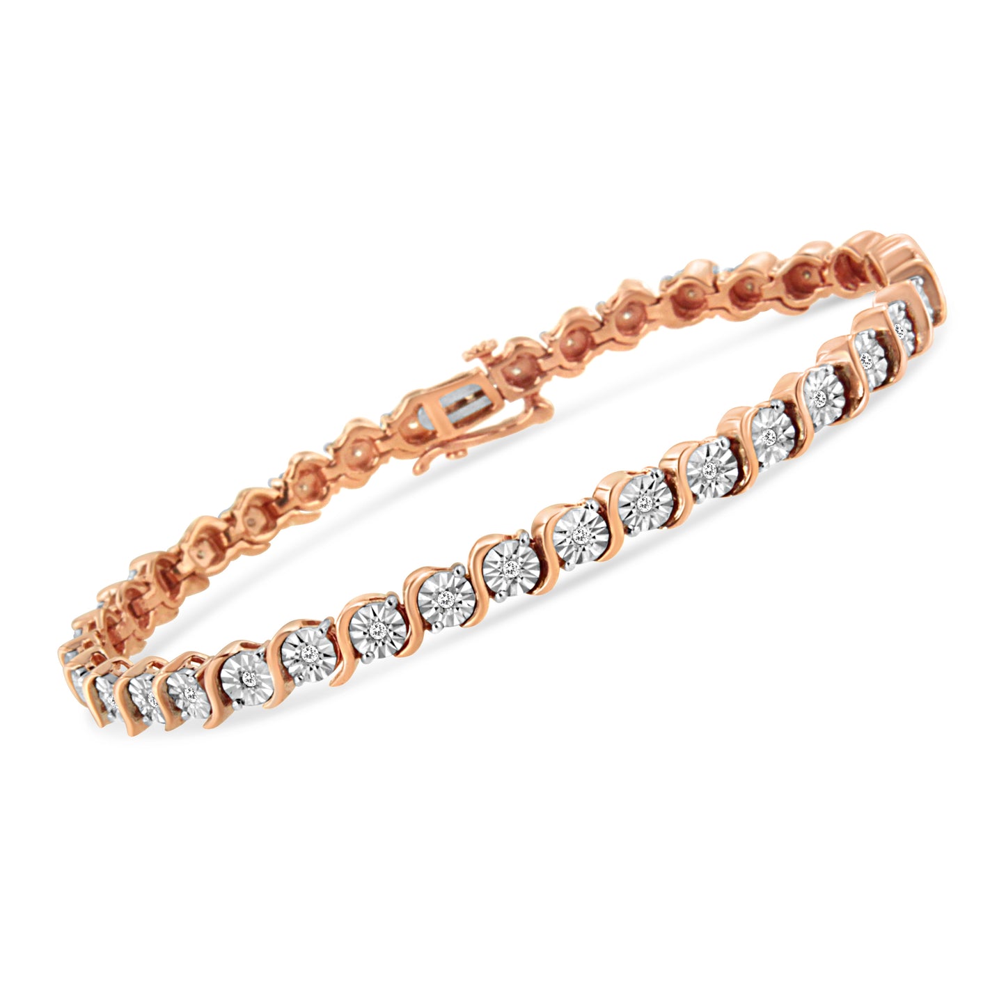 14K Rose Gold Plated .925 Sterling Silver 1/4 Cttw Diamond Round Miracle Plate and "S" Link Tennis Bracelet (I-J Color, I2- I3 Clarity) - 7"