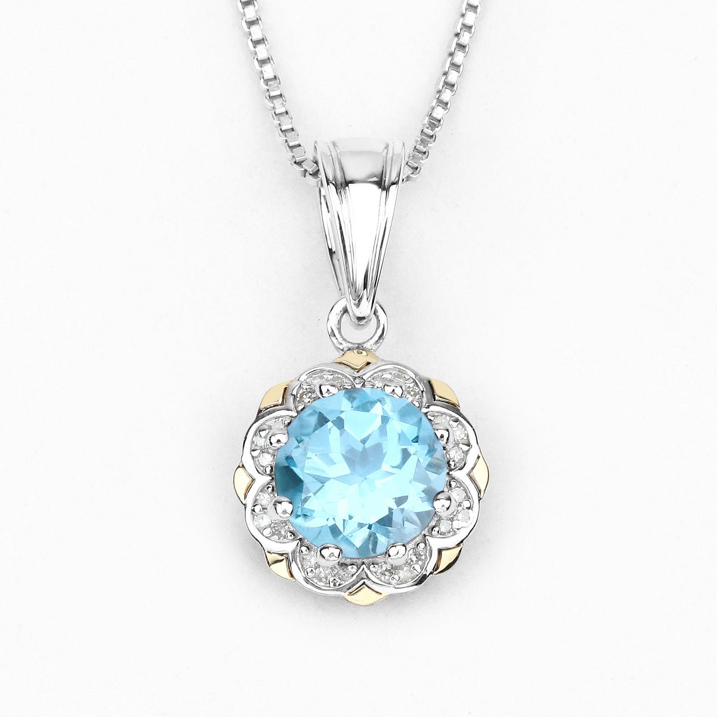2.32 Carat Genuine Swiss Blue Topaz and White Diamond 14K Yellow Gold with .925 Sterling Silver Pendant