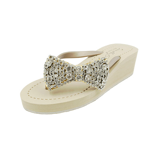 Madison - Rhinestone Bow Mid Wedge Flip Flops