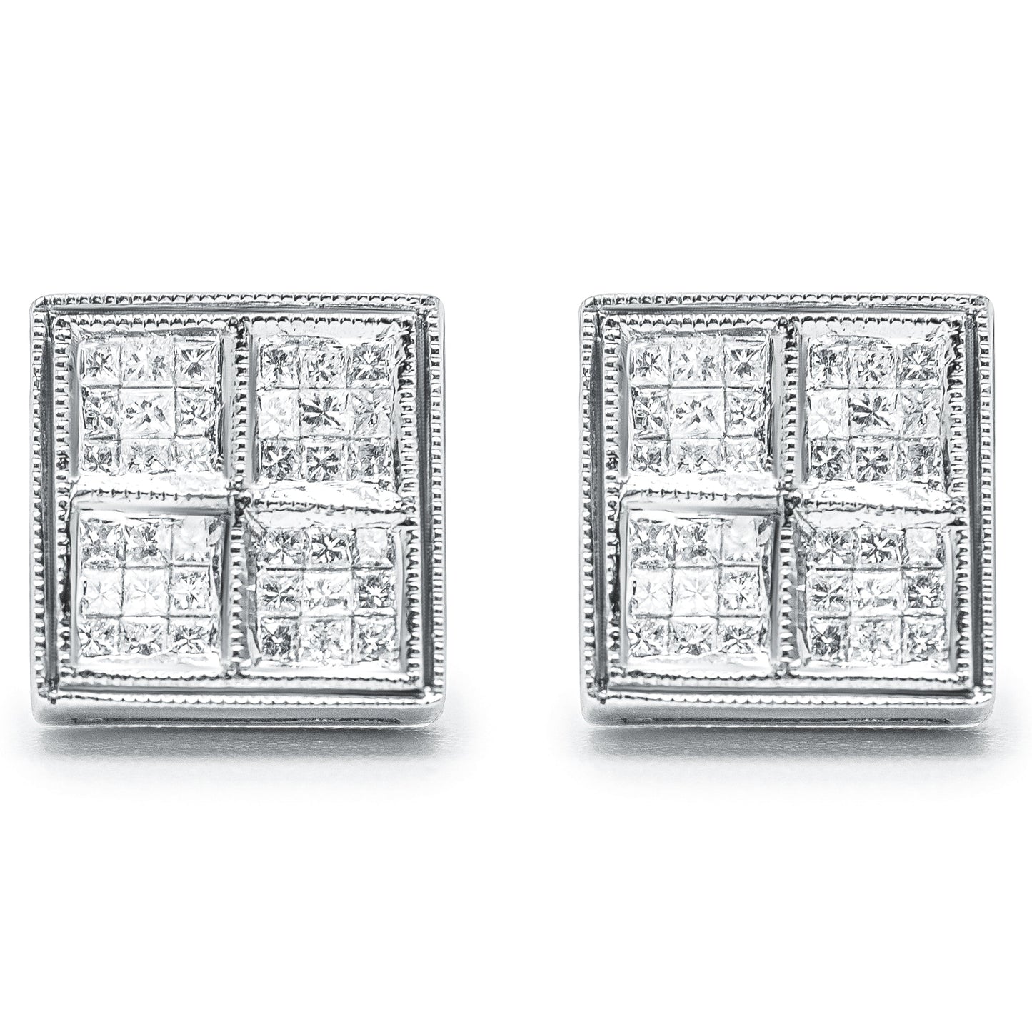 14K White Gold 1/2 Cttw Princess Diamond Composite Box Shape Milgrain Stud Earrings (H-I Color, SI1-SI2 Clarity)