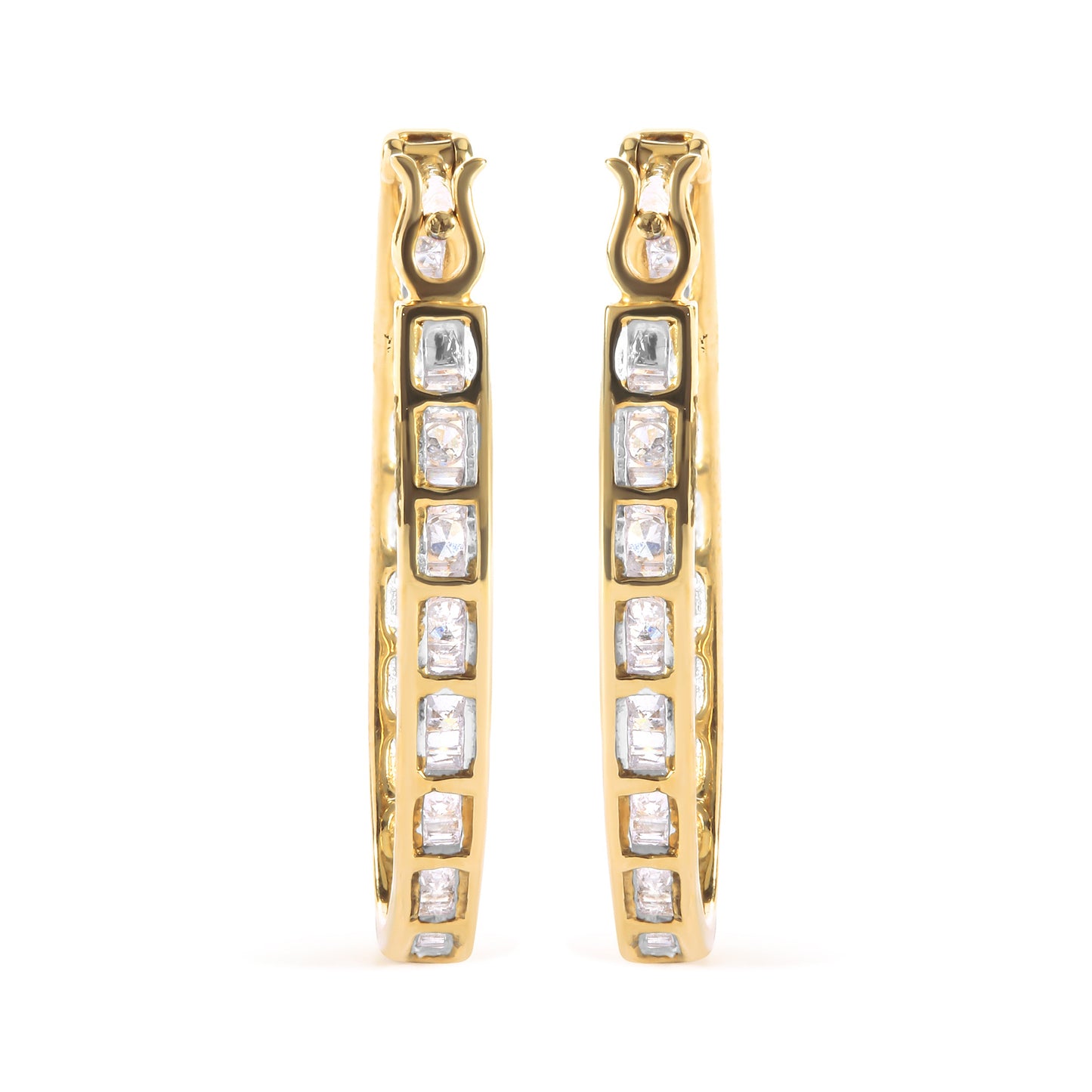 10K Yellow Gold 1.00 Cttw Round and Baguette-Cut Diamond U-Hoop Earrings (H-I Color, SI2-I1 Clarity)