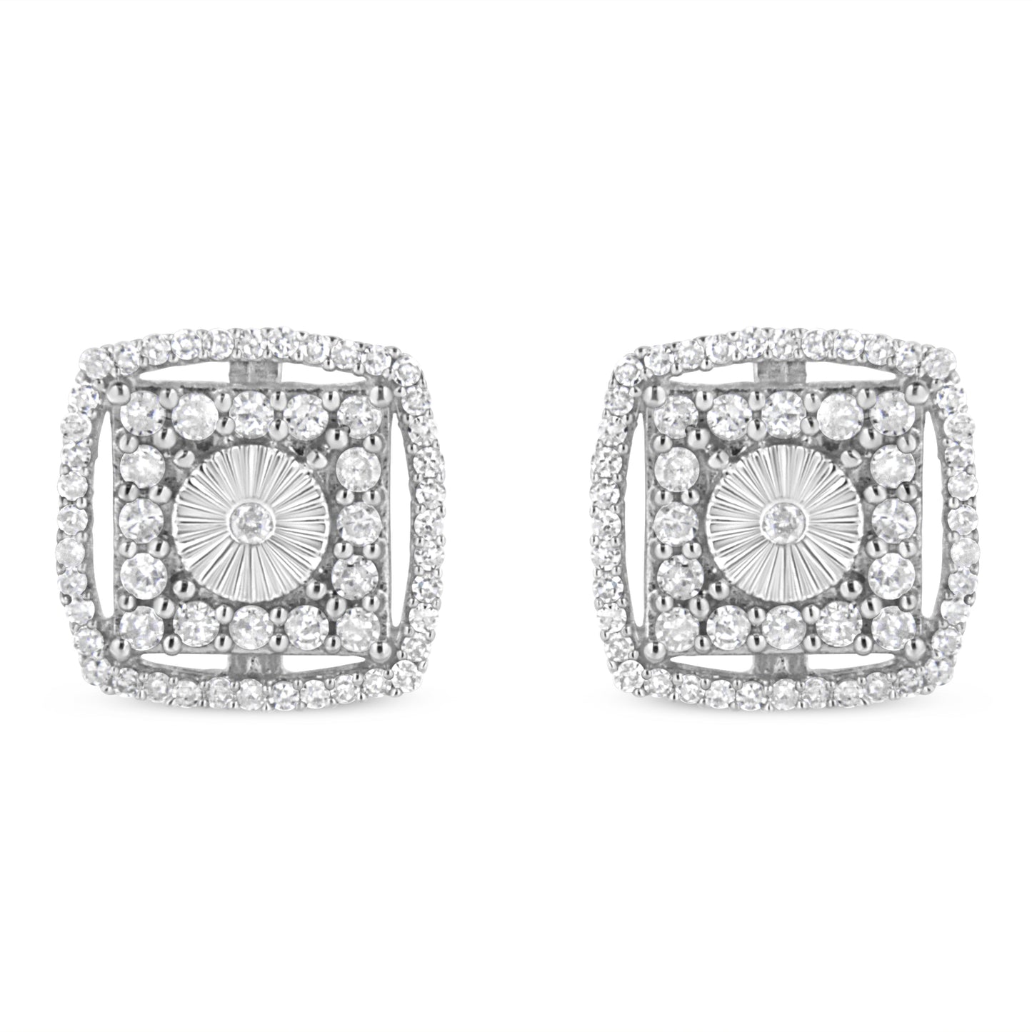 .925 Sterling Silver 1.0 Cttw Round Diamond Double Halo and Disc Stud Earring (I-J Color, I2-I3 Clarity)