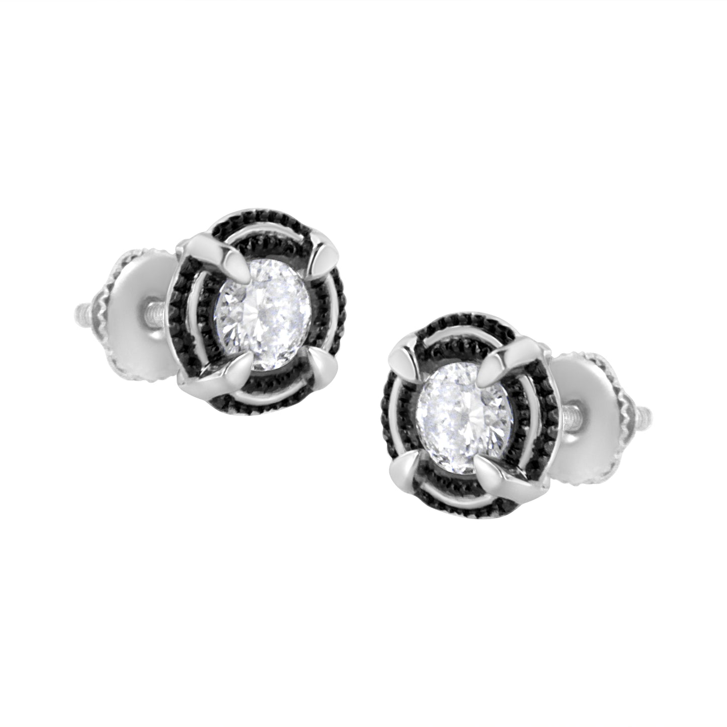 Black Rhodium Plated .925 Sterling Silver Round 1-1/2 cttw Diamond Double Halo 4-Prong Solitaire Milgrain Stud Earrings (H-I Color, I2-I3 Clarity)