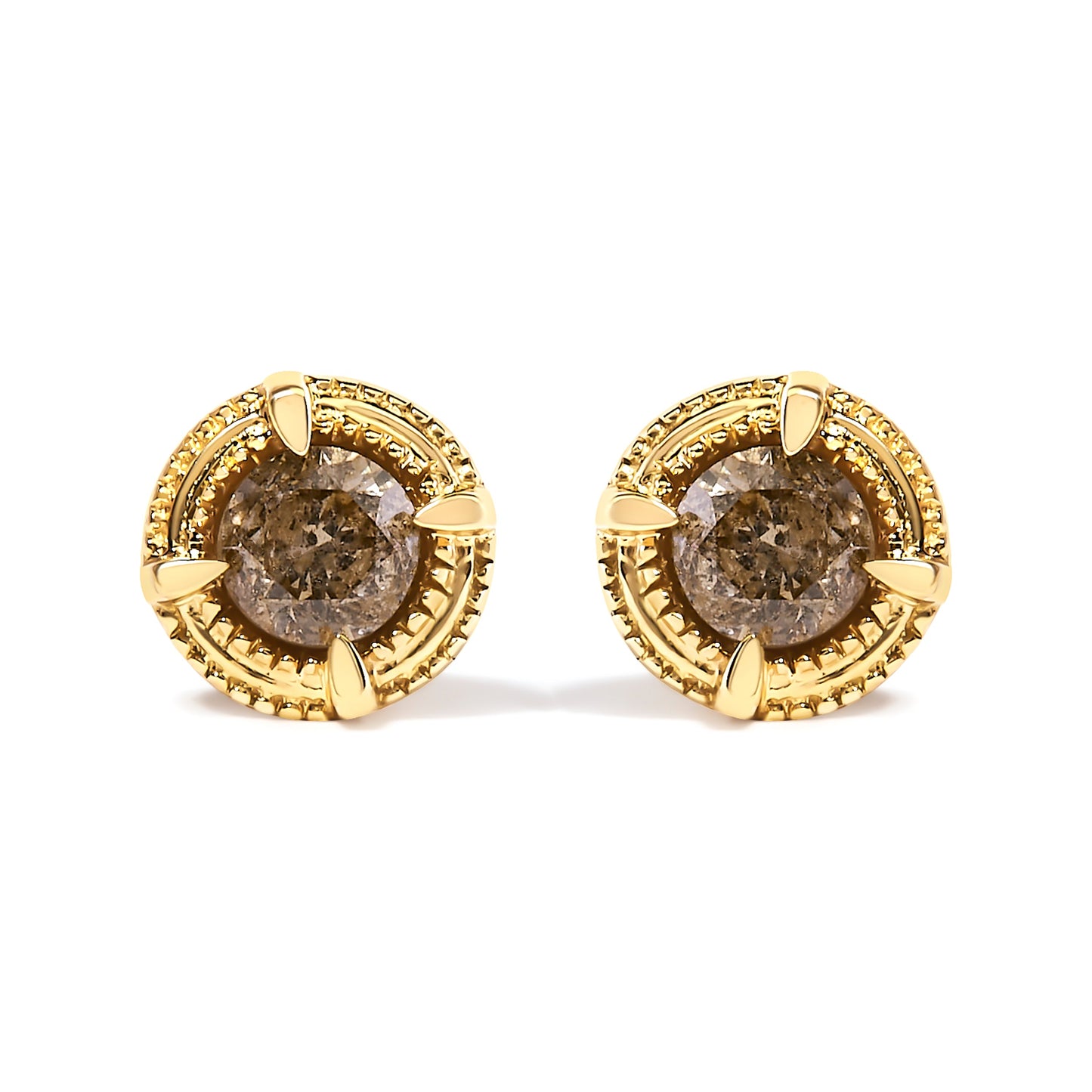 14K Yellow Gold Plated .925 Sterling Silver 1.0 Cttw Round Brilliant Cut Diamond Solitaire Milgrain Stud Earrings (K-L Color, I2-I3 Clarity)