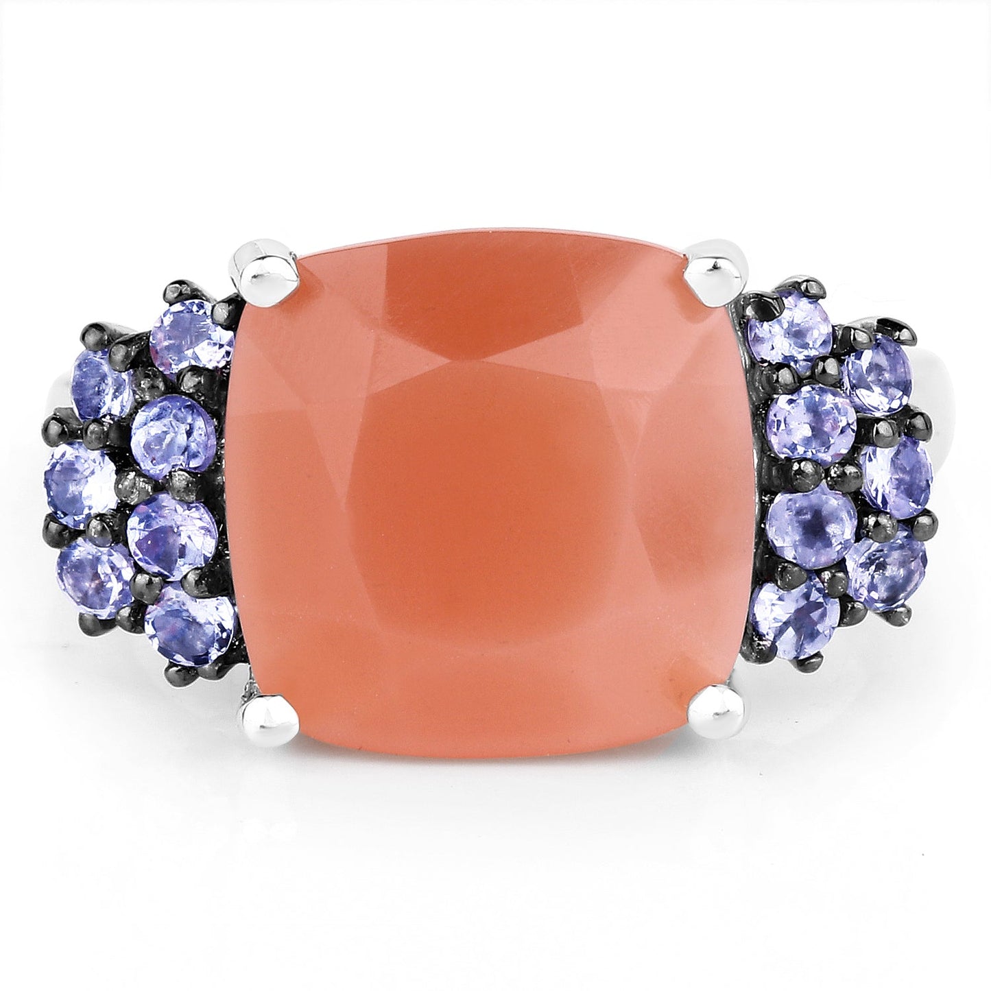 6.18 Carat Genuine Peach Moonstone and Tanzanite .925 Sterling Silver Ring