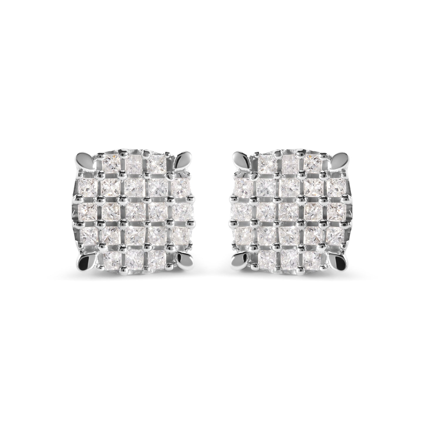 10K White Gold 3/4 Cttw Princess Diamond Composite Cushion Shape Stud Earrings (I-J Color, I1-I2 Clarity)