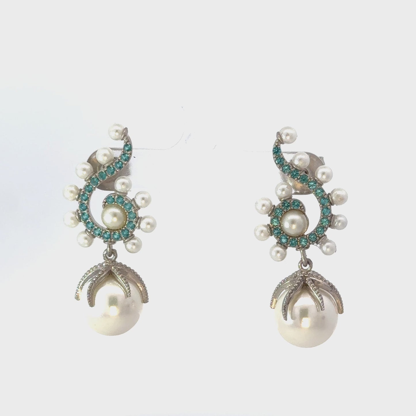 Majorica Round Pearl Poseidon Gemstone Drop Earrings Aqua Silver