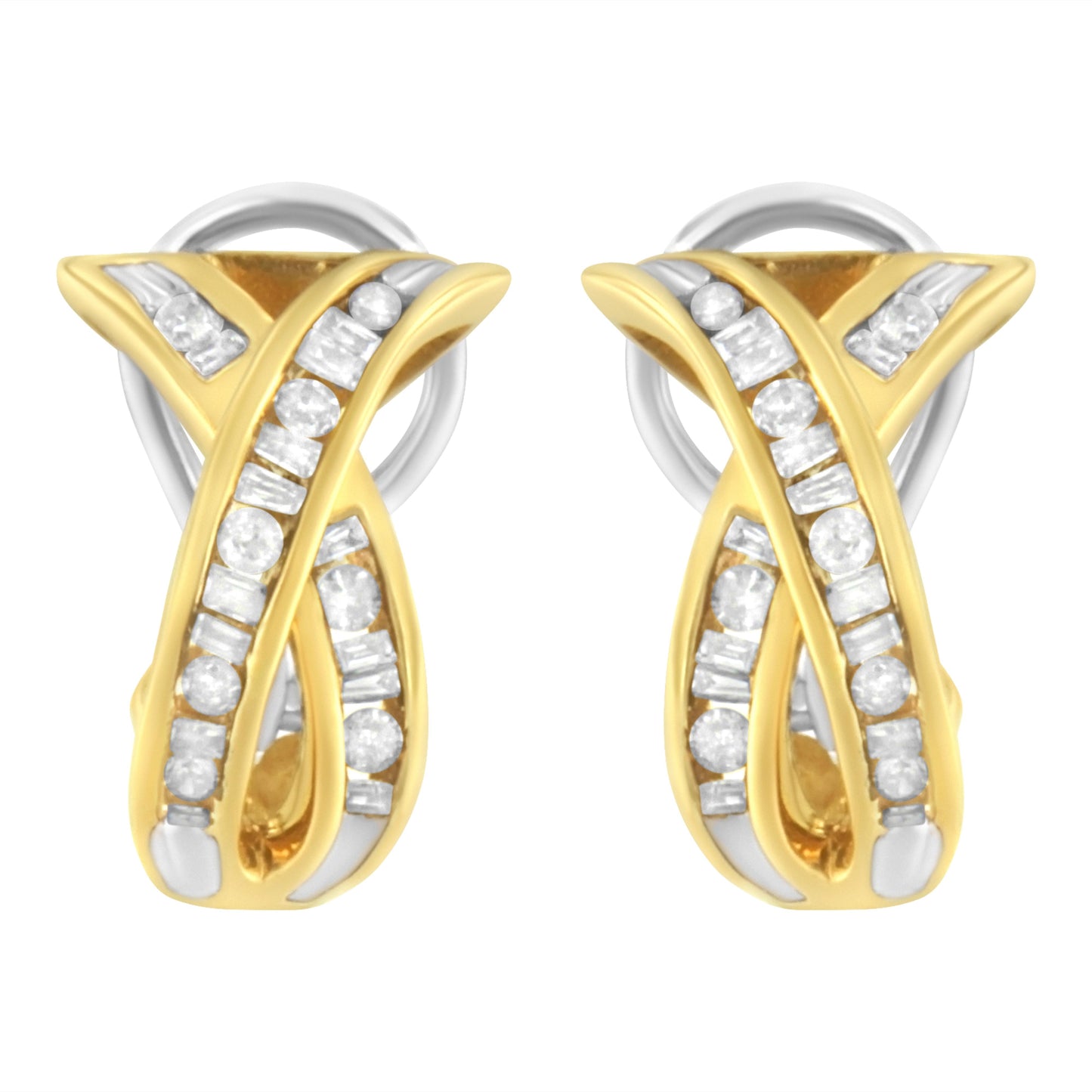 14K Yellow and White Gold 1/2 TDW "X" Shape Cross Over Diamond Hoop Earrings (I-J, I2-I3)