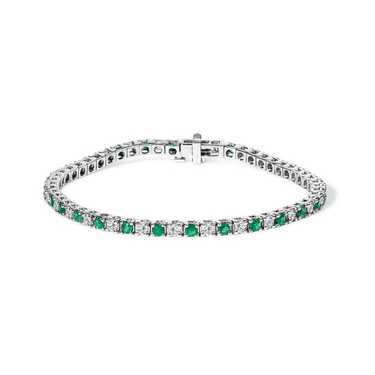 14K White Gold Alternating 1 1/2 Cttw Diamond and Emerald Tennis Bracelet
