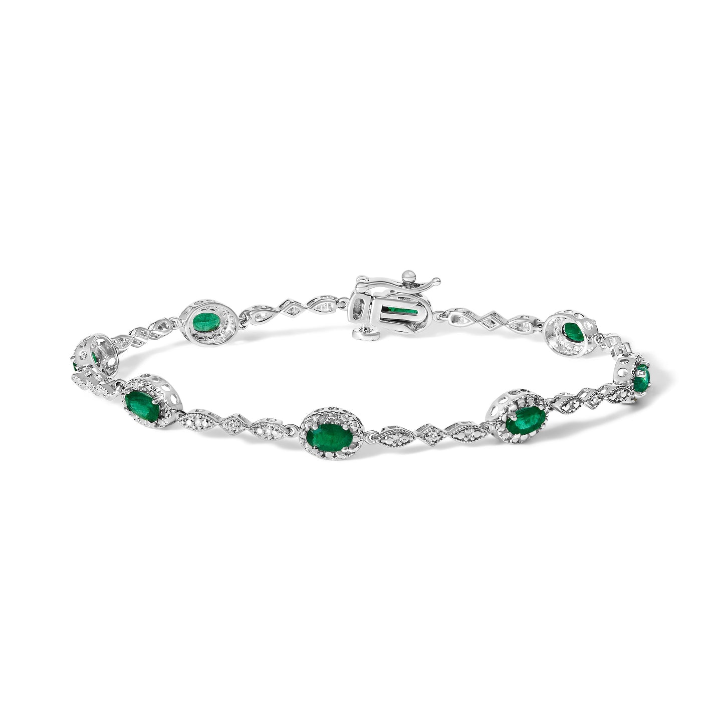 10K White Gold Oval Green Emerald & Diamond Alternating Link Bracelet