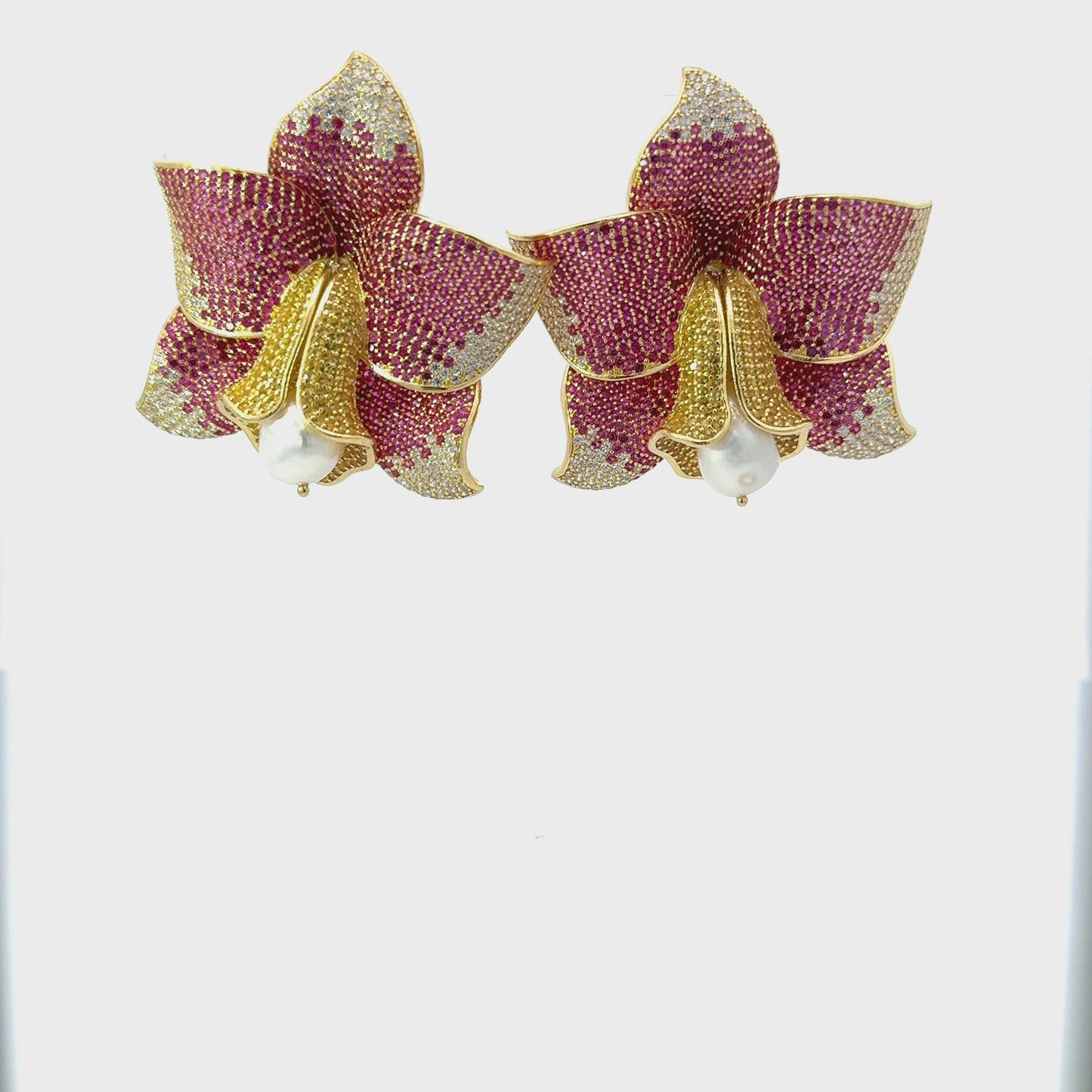 Daffodil With Pearl Earrings Gold Ruby CZ