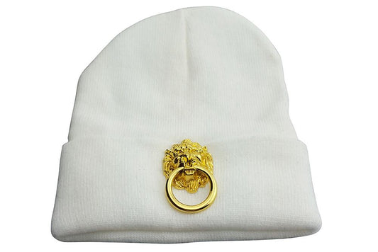 White Skullcap With Large Metal Lion