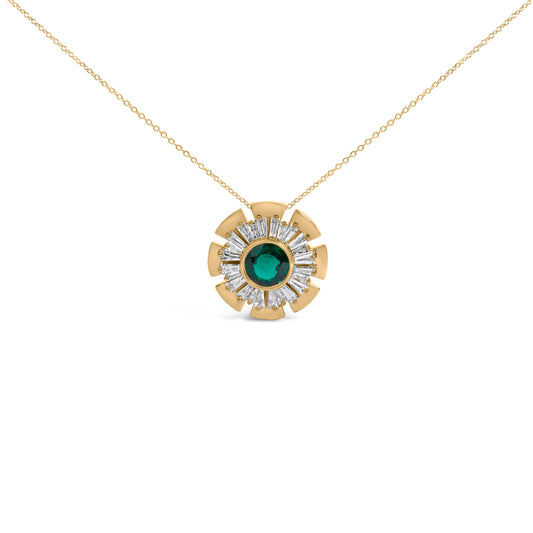 14K Yellow Gold Plated .925 Sterling Silver Lab Grown Emerald and Baguette Diamond Medallion Pendant Necklace